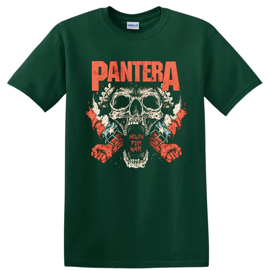Pantera skull graphic print with distressed red heavy metal lettering T - Forest Green