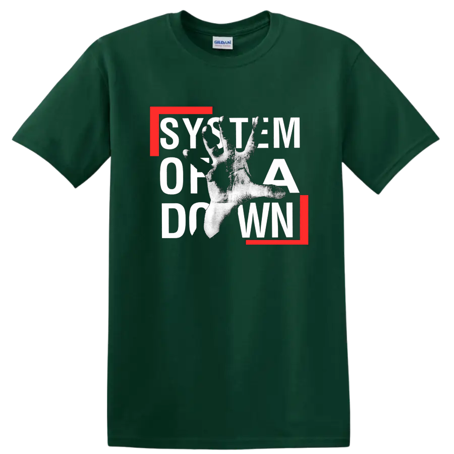 System of a Down graphic print with distressed text and hand on black T - Forest Green