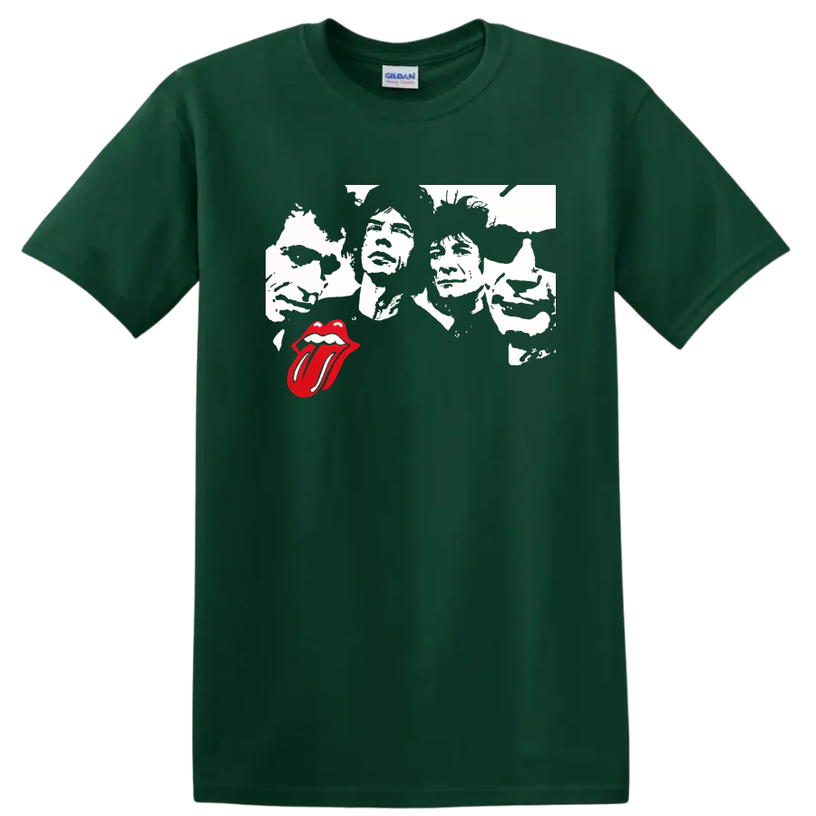 The Rolling Stones graphic tee with black and white faces and red tongue - Forest Green