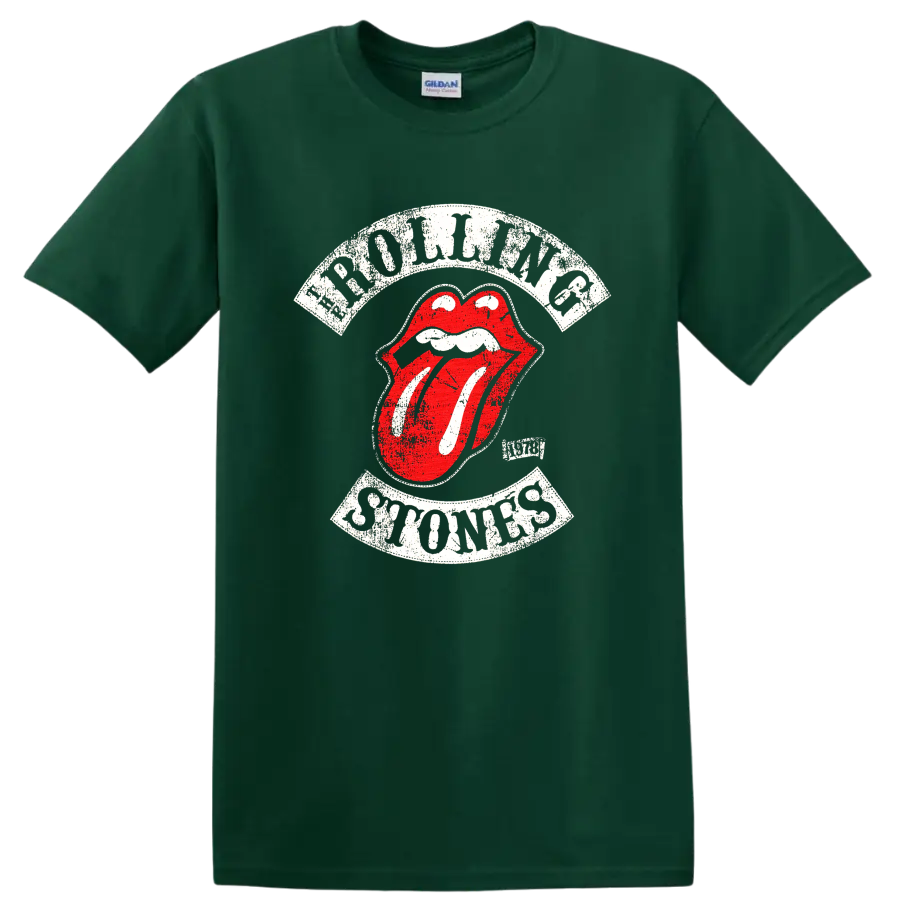 Distressed Rolling Stones tongue logo graphic print T shirt on a Forest Green T Shirt