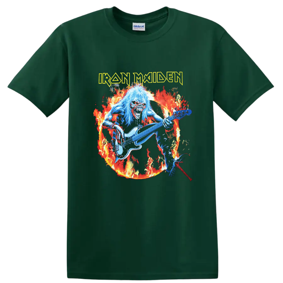 Iron Maiden Eddie guitarist in flames with distressed band logo artwork on a Forest Green T Shirt