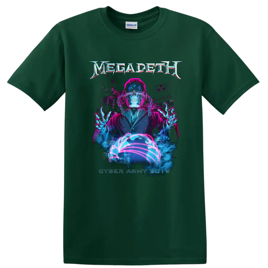 Vic Rattlehead Cyber Army neon cyberpunk skull with digital globe and Megadeth logo on a Forest Green T Shirt