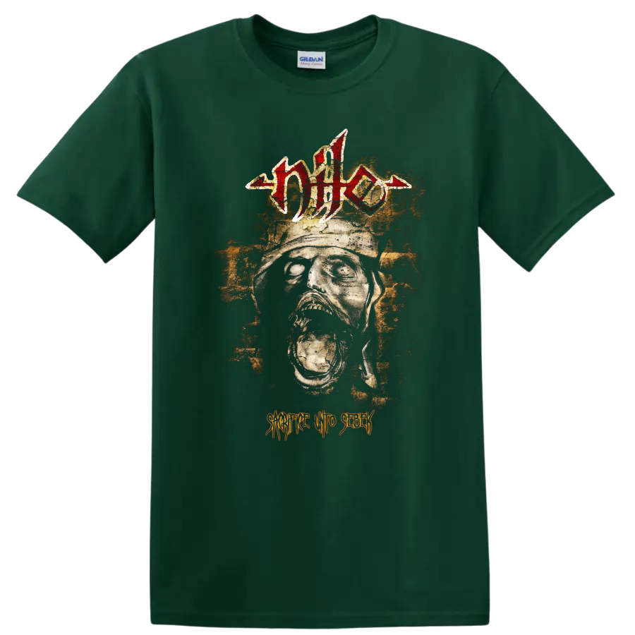Nile logo above distressed skull artwork with Sacrifice Unto Sebek text on a Forest Green T Shirt