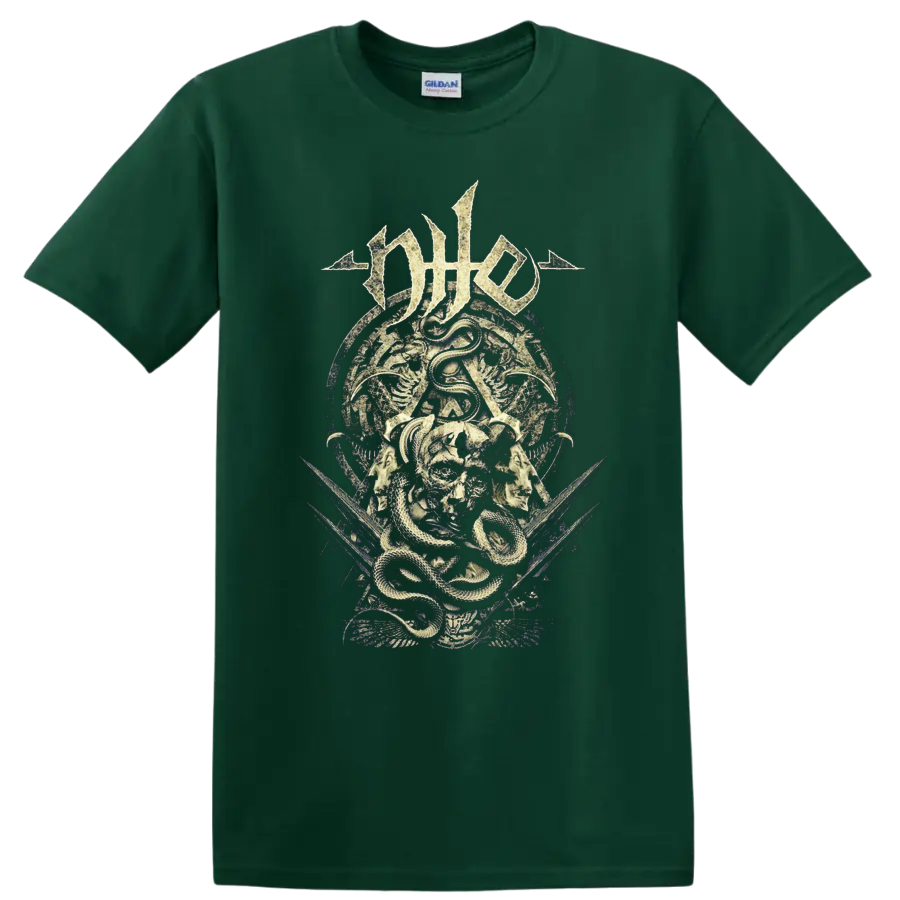 Nile death metal logo above a coiled snake, skull, and ancient Egyptian-style artwork on a Forest Green T Shirt
