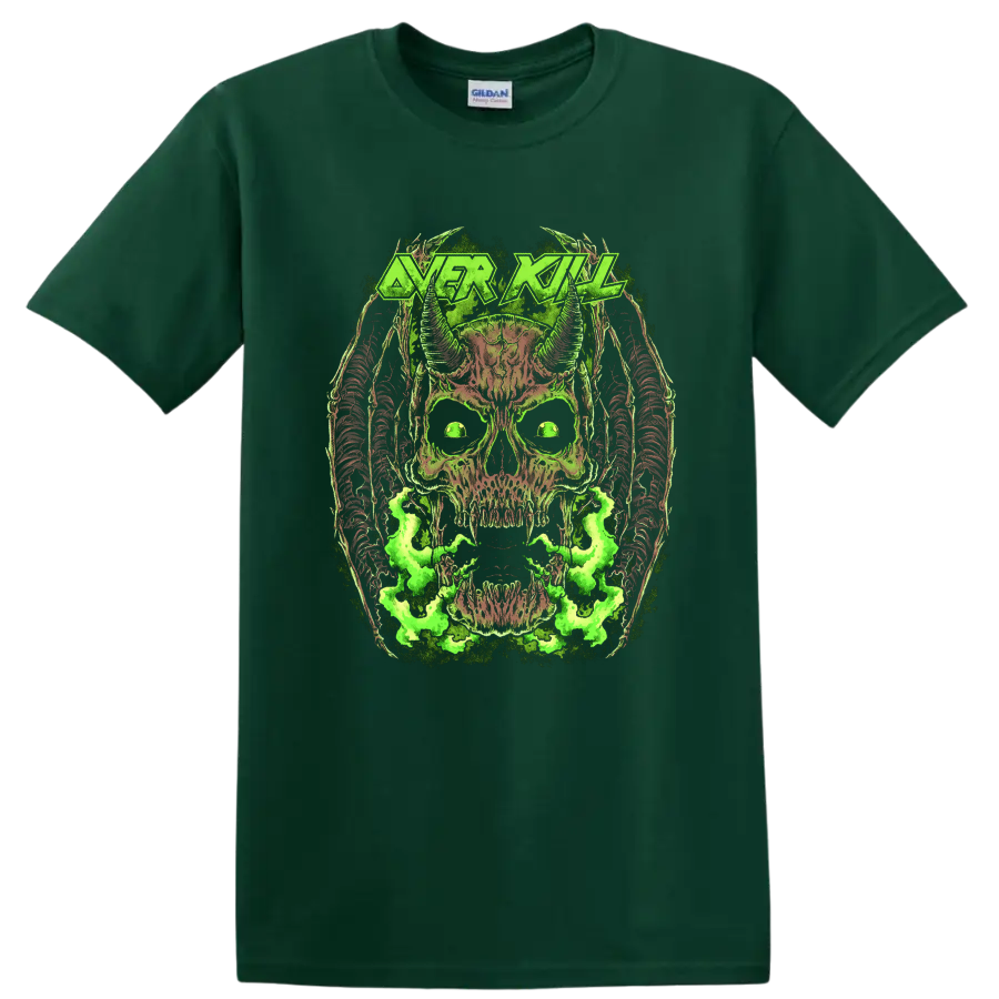 Overkill Chaly horned skull artwork with neon green smoke and distressed metal logo on a Forest Green T Shirt