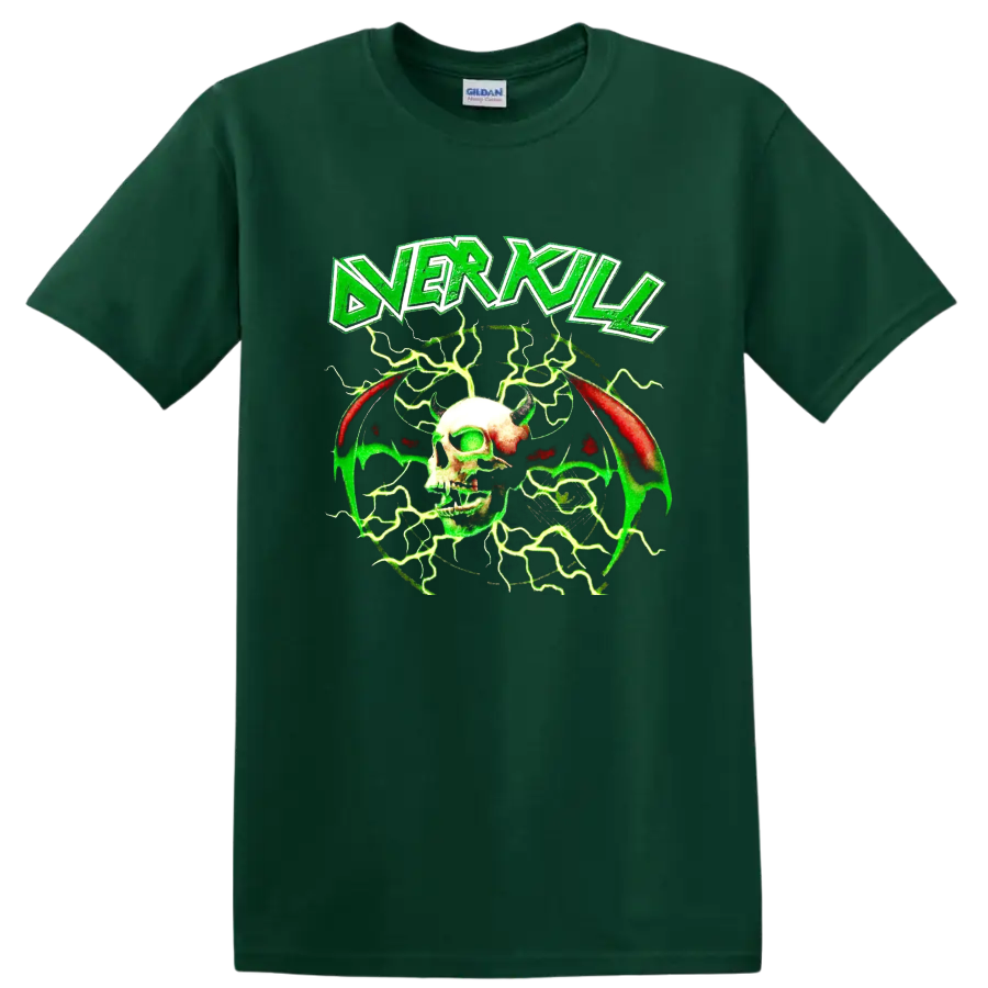 Overkill logo with horned skull, bat wings, and neon green lightning graphic on a Forest Green T Shirt