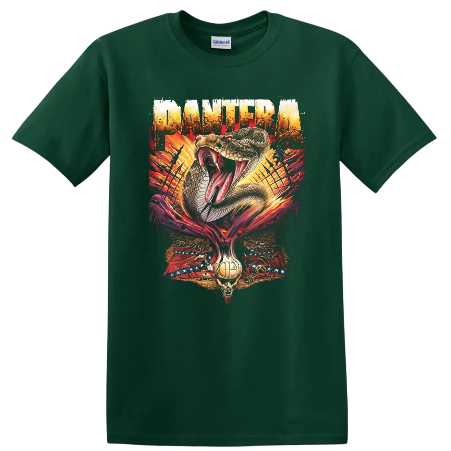 Pantera cobra, flames, skull, barbed wire, and distressed metal artwork on a Forest Green T Shirt