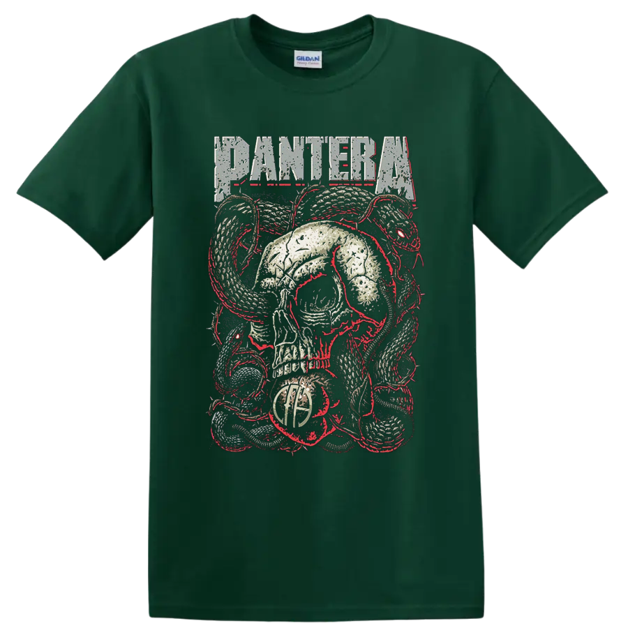 Pantera distressed skull and coiled snake heavy metal graphic with red accents on a Forest Green T Shirt