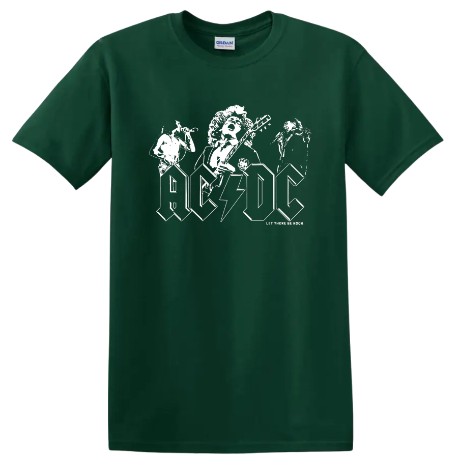 AC/DC Angus Young guitarist artwork with lightning logo and Let There Be Rock text on a Forest Green T Shirt