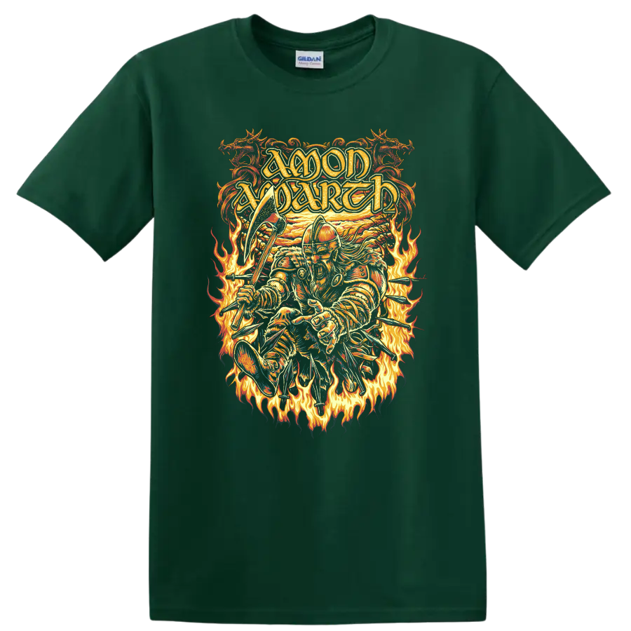 Amon Amarth Viking warrior with axe, arrows, and flames in ornate metal art on a Forest Green T Shirt