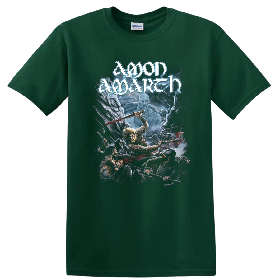 Amon Amarth logo above a lightning-lit Viking battle with Norse warriors on a Forest Green T Shirt