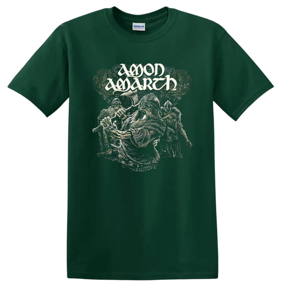 Amon Amarth logo above distressed Viking warriors with axes and armored helmets on a Forest Green T Shirt