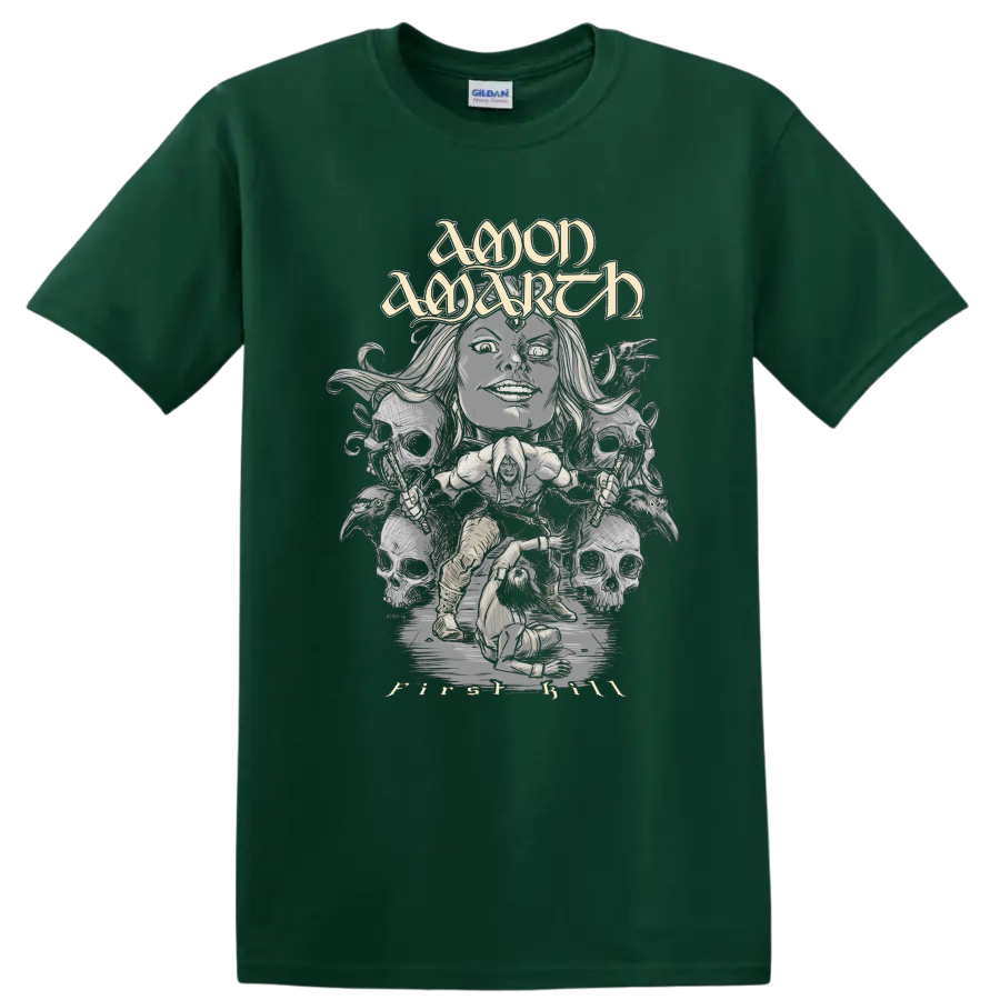 Amon Amarth First Kill Viking warrior and skulls in monochrome metal illustration on a Forest Green T Shirt
