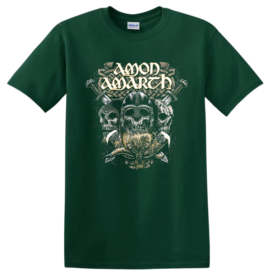Amon Amarth logo above Viking helmet skulls, crossed weapons, and Norse knotwork on a Forest Green T Shirt