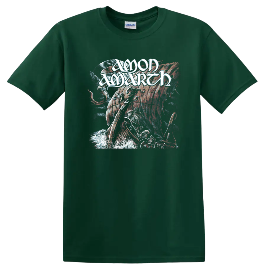 Amon Amarth Viking warrior, longship, raven, and moon in distressed metal art on a Forest Green T Shirt