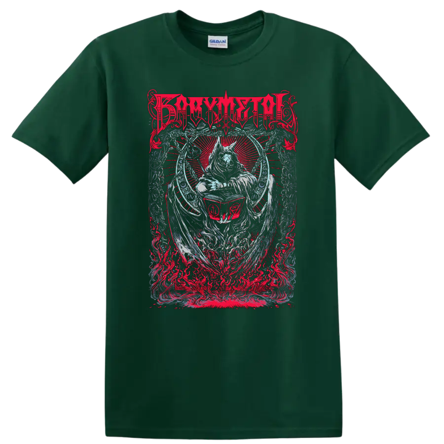 BABYMETAL wolf warrior in gothic red flame artwork with radiant rays on a Forest Green T Shirt