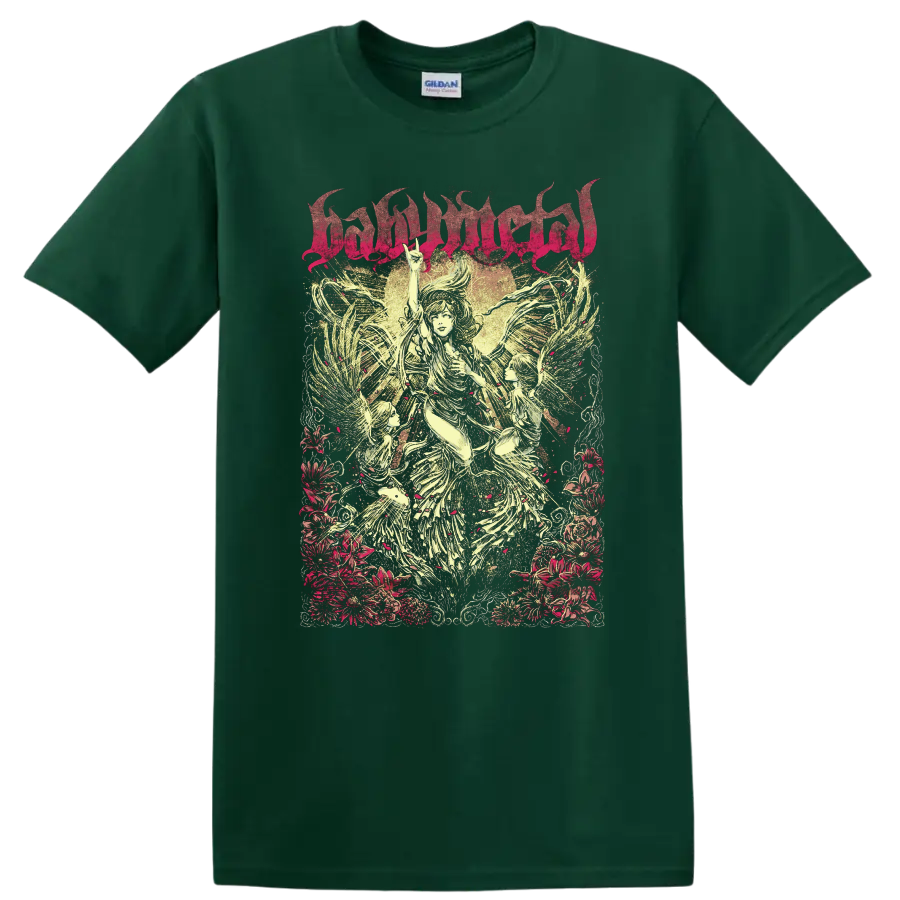 BABYMETAL angelic winged figures with floral border in distressed metal poster art on a Forest Green T Shirt