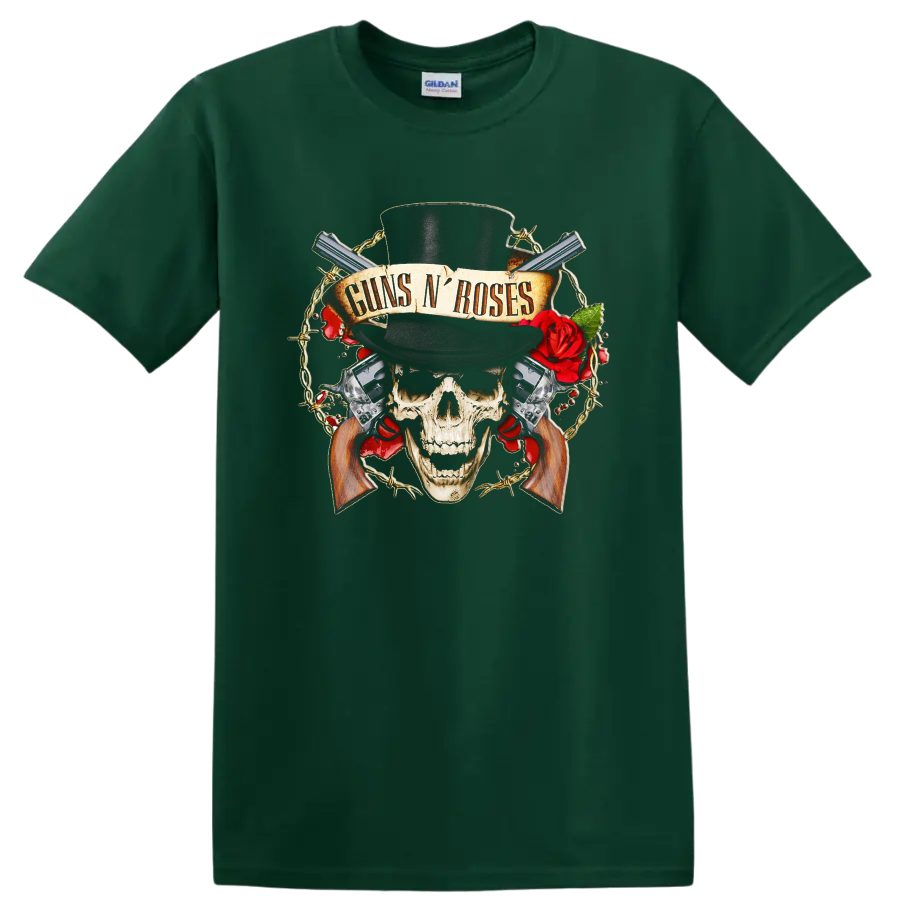 Guns N' Roses skull in top hat with red roses, revolvers, barbed wire, and banner on a Forest Green T Shirt