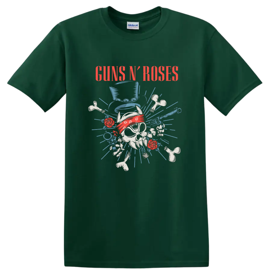 Guns N' Roses distressed skull with red bandana, roses, bones, and blue rays on a Forest Green T Shirt