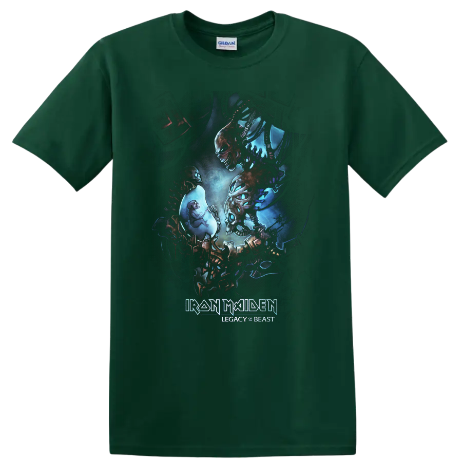 Iron Maiden Legacy of the Beast Eddie skeletal dark fantasy metal artwork on a Forest Green T Shirt
