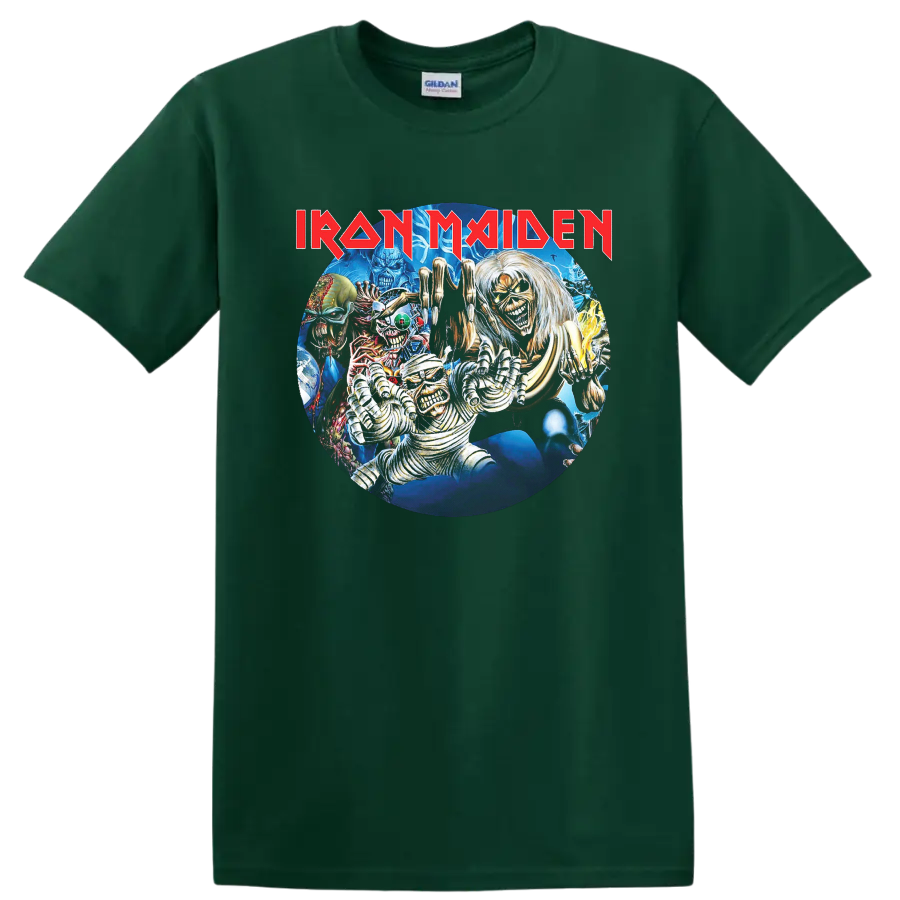 Iron Maiden Eddie horror collage with lightning, monsters, and red logo on a Forest Green T Shirt