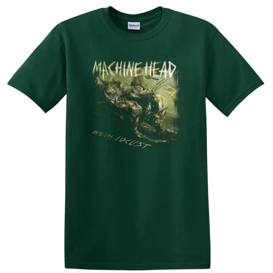 Machine Head Unto the Locust distressed green creature metal artwork on a Forest Green T Shirt