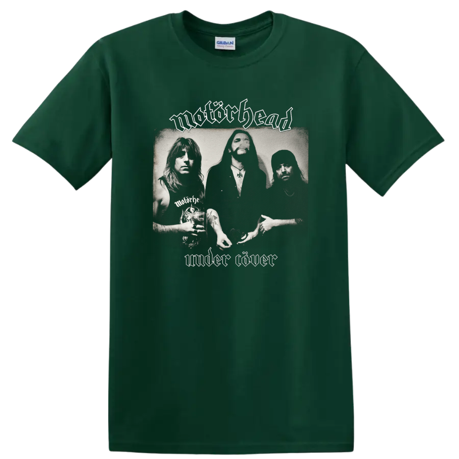 Motörhead Under Cöver black-and-white band portrait with gothic logo lettering on a Forest Green T Shirt