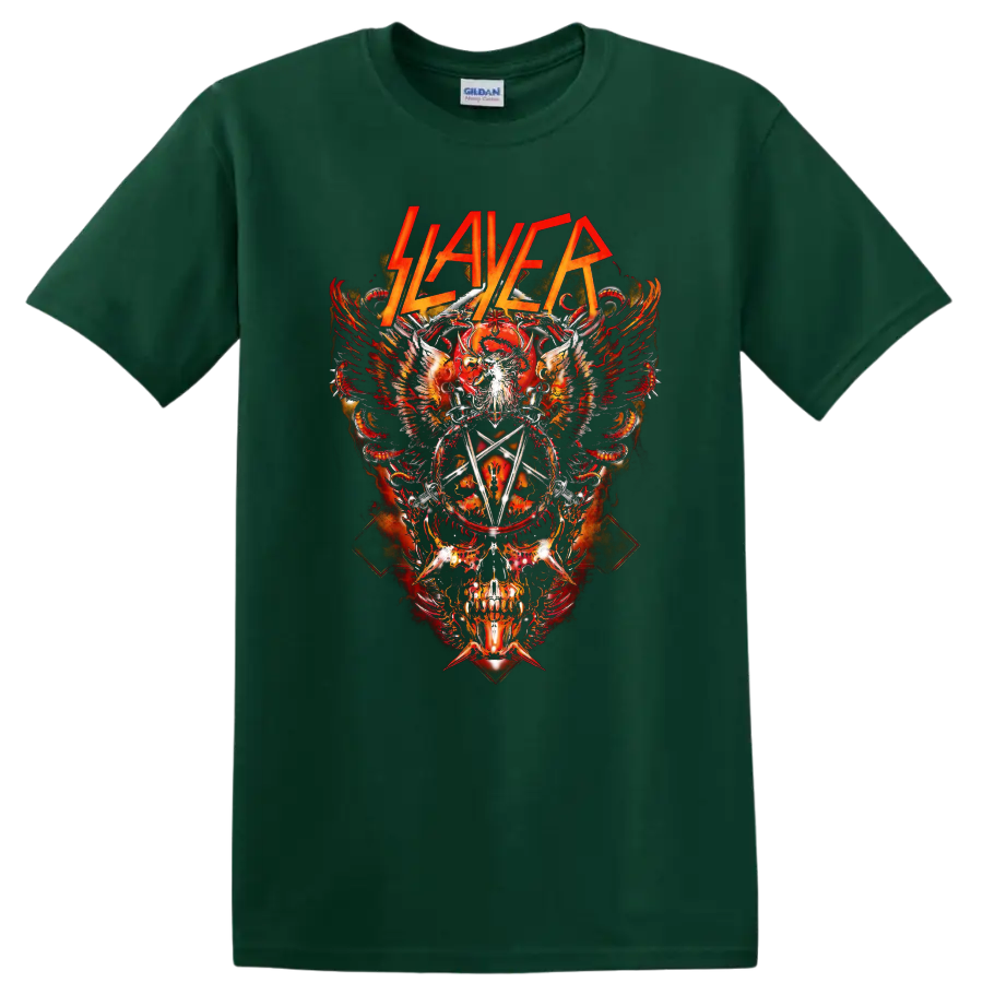 Slayer logo over flaming skull, wings, serpents, swords, and pentagram metal artwork on a Forest Green T Shirt