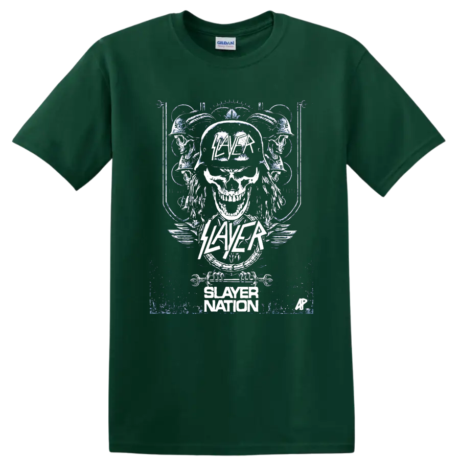Distressed Slayer skull graphic with helmet, mirrored skulls, wings, and Slayer Nation on a Forest Green T Shirt