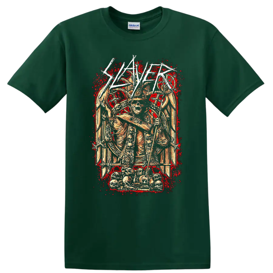 Slayer Haunting the Chapel skeletal warrior with skulls, blades, and distressed red on a Forest Green T Shirt
