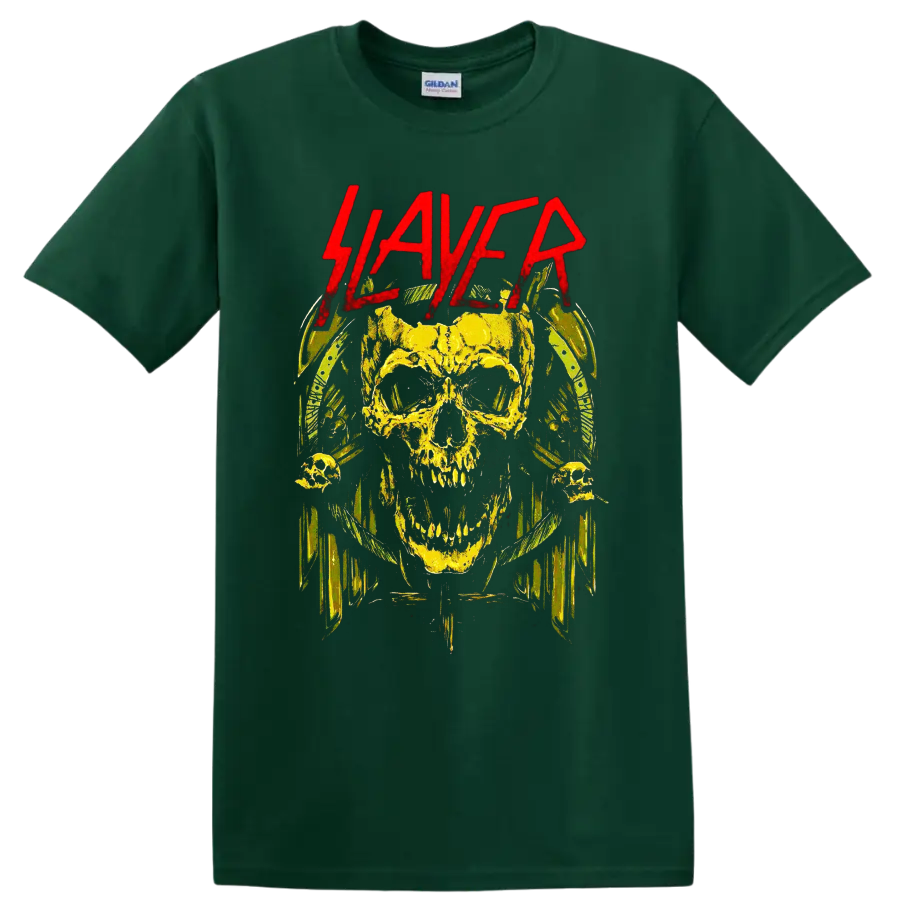 Distressed yellow skull with red Slayer lettering and dark heavy metal horror art on a Forest Green T Shirt