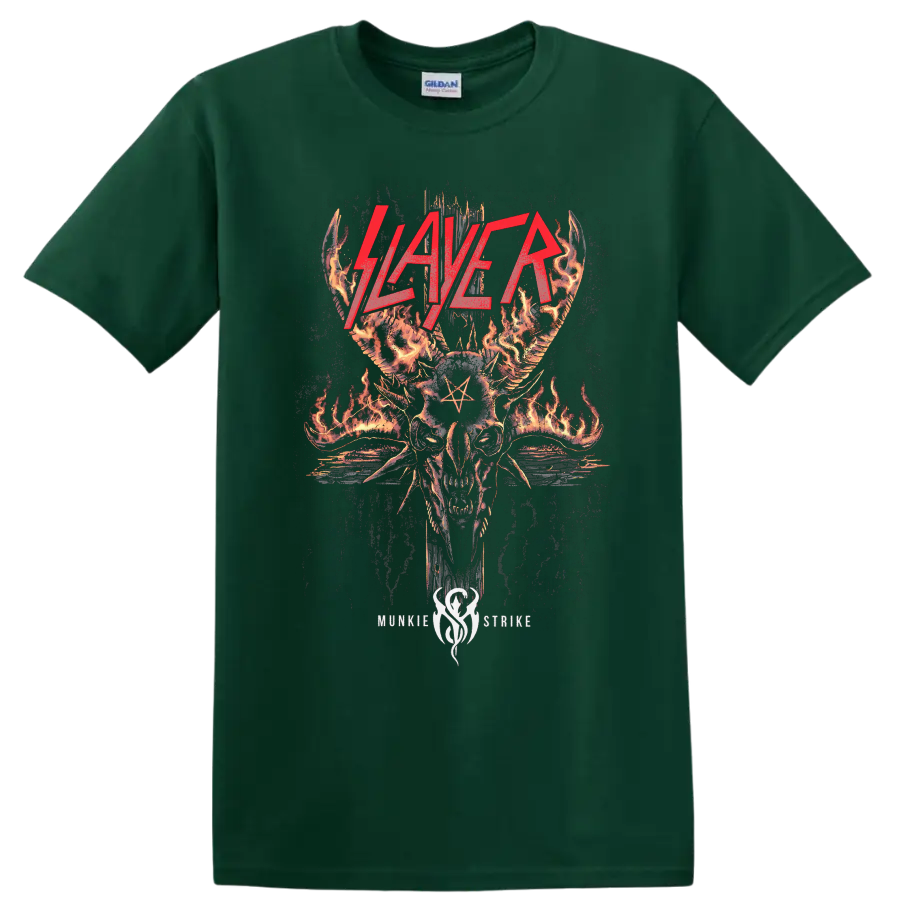 Slayer Skullagramm flaming horned skull with red logo and pentagram on a Forest Green T Shirt
