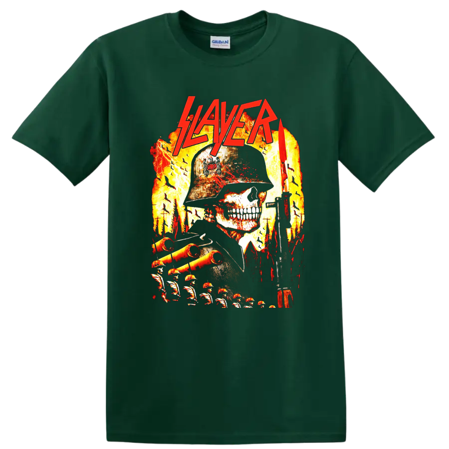 Slayer skull soldier graphic with flames, rifle, battlefield, and red logo on a Forest Green T Shirt