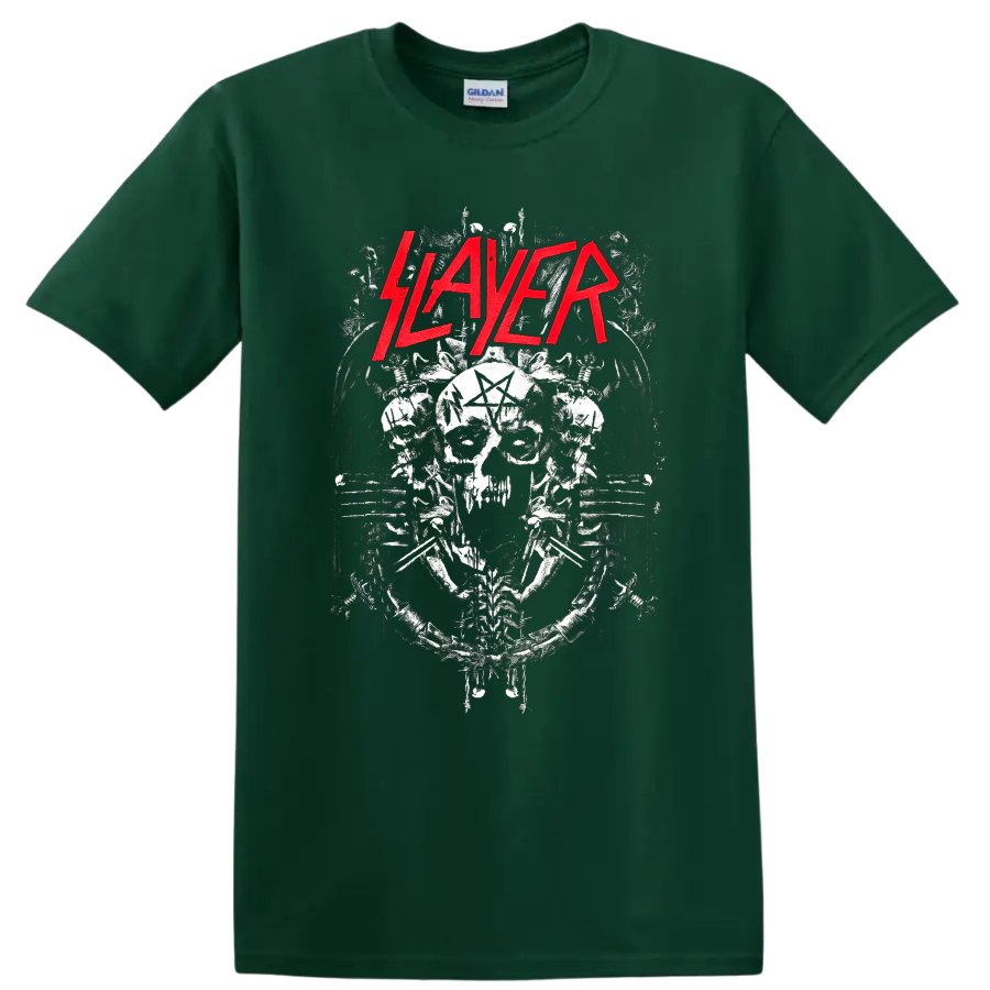 Slayer red logo above distressed skull, pentagram, chains, and spikes metal artwork on a Forest Green T Shirt