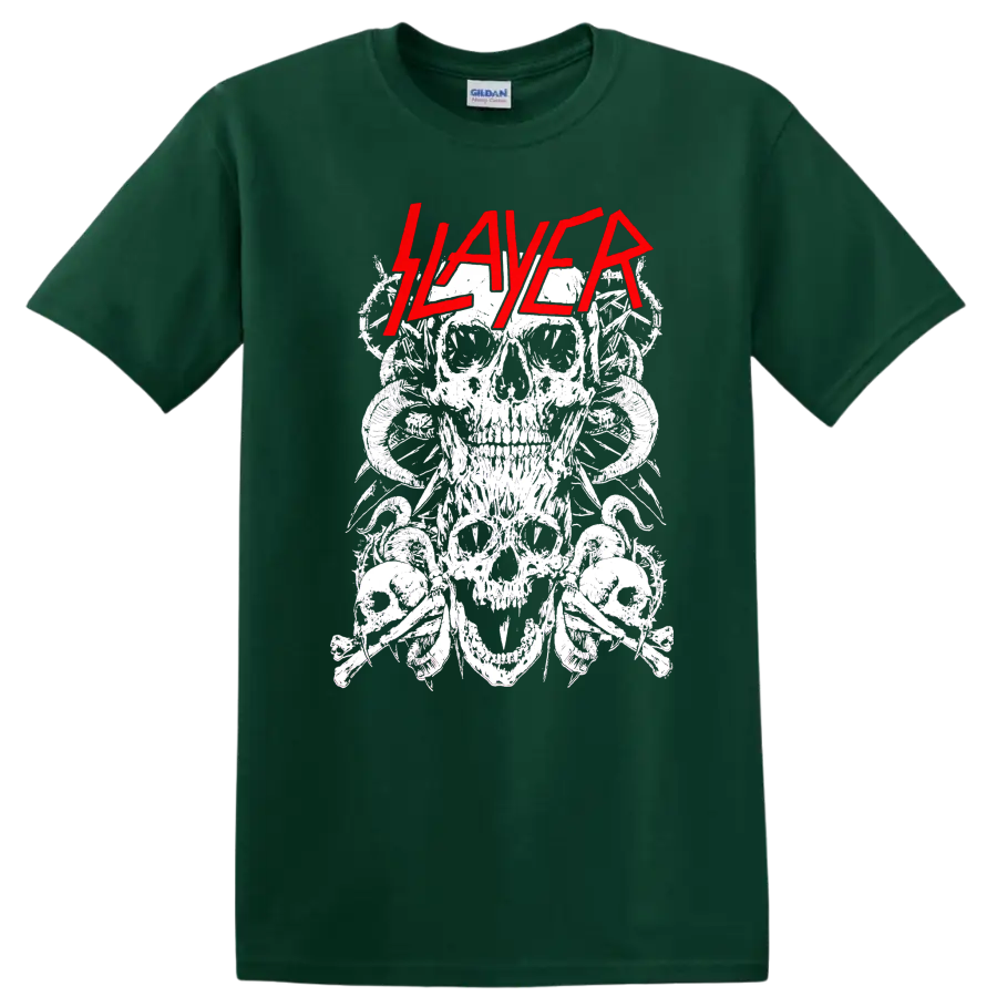 Slayer red logo over distressed white skull collage in heavy metal line-art style on a Forest Green T Shirt