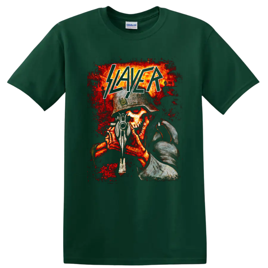 Slayer logo over helmeted skull soldier with gun and fiery battlefield artwork on a Forest Green T Shirt