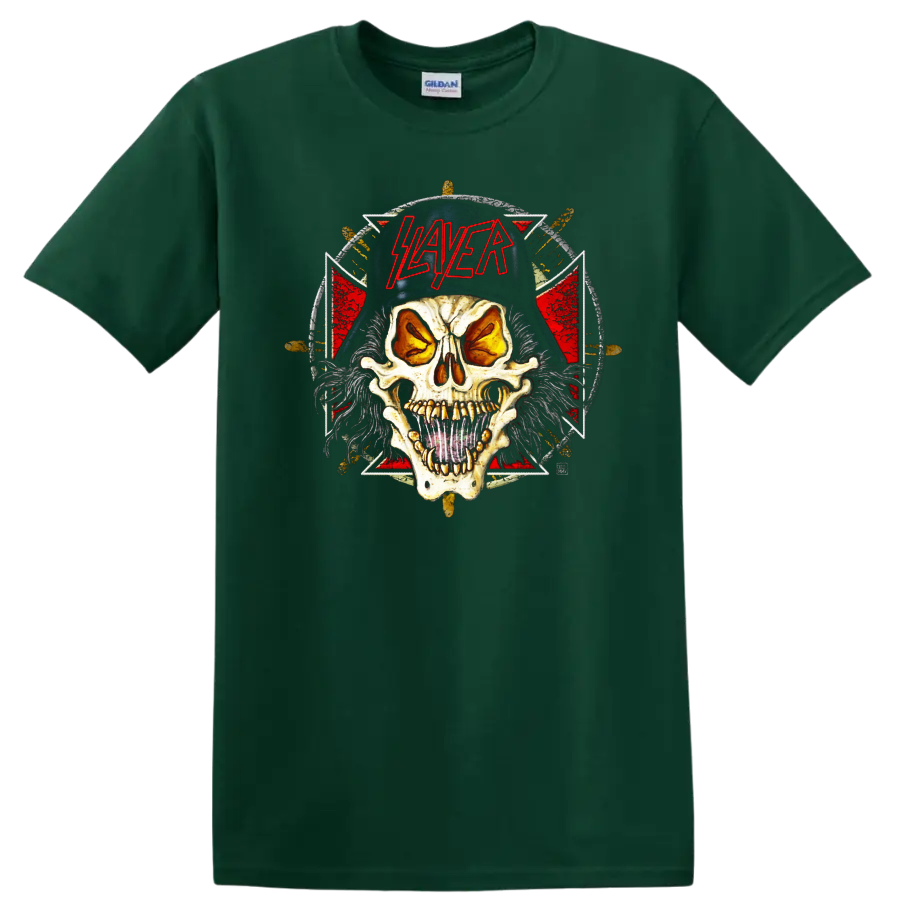 Slayer Slaytanic Wehrmacht skull with red logo and distressed metal backdrop on a Forest Green T Shirt