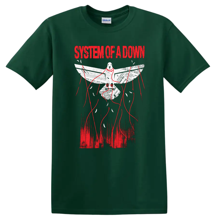 System of a Down distressed dove with newspaper wings, red threads, and bold red lettering on a Forest Green T Shirt