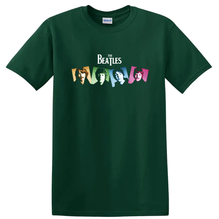 The Beatles four-panel pop art portraits in orange, green, blue, and pink on a Forest Green T Shirt