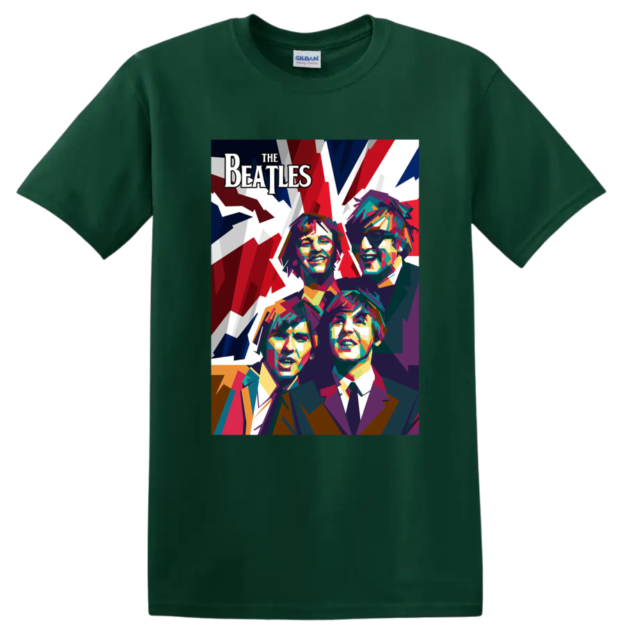 The Beatles colorful geometric pop-art portraits with bold red, white, and blue backdrop on a Forest Green T Shirt