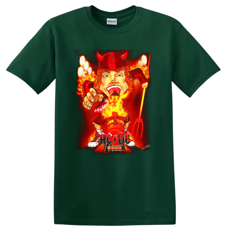 Angus Young AC/DC devil rocker cartoon with flames, guitar, and lightning lettering on a Forest Green T Shirt