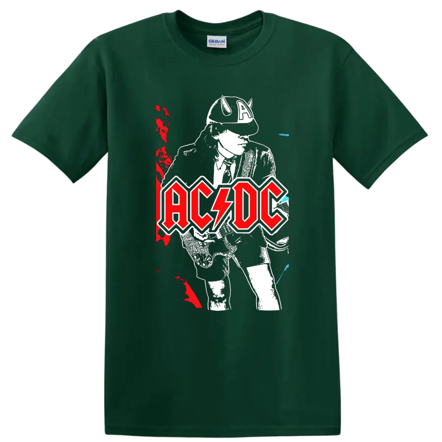 Angus Young guitar illustration with distressed AC/DC logo and concert poster accents on a Forest Green T Shirt