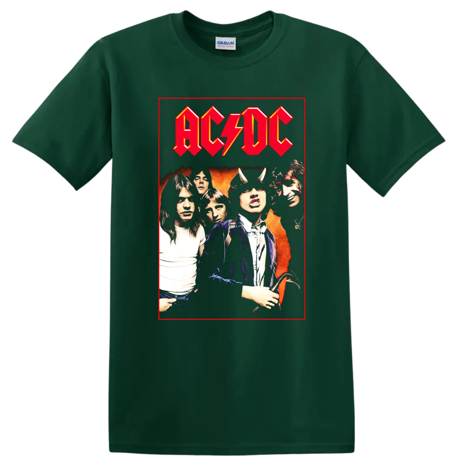 AC/DC band portrait with Angus Young devil horns and red lightning logo on a Forest Green T Shirt