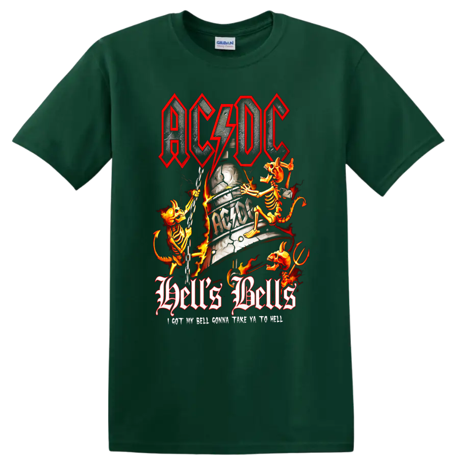 AC/DC Hell's Bells cracked bell with flaming skeletons, chains, lightning, and flames on a Forest Green T Shirt