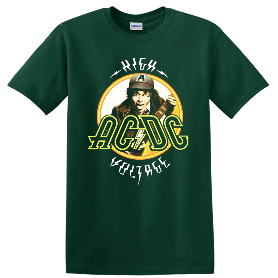 Angus Young AC/DC High Voltage vintage guitar portrait with lightning logo on a Forest Green T Shirt