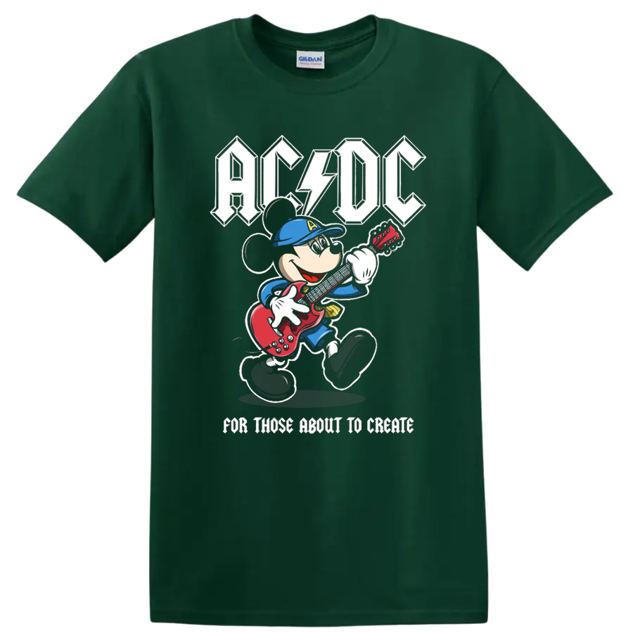 Mickey Mouse playing red electric guitar beneath AC/DC lettering in distressed rock art on a Forest Green T Shirt