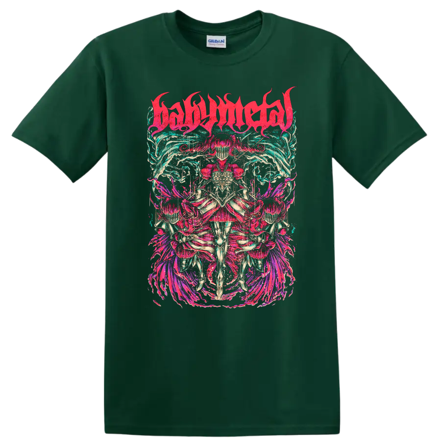 BABYMETAL neon fantasy warrior graphic with mirrored armored figures and flame motifs on a Forest Green T Shirt