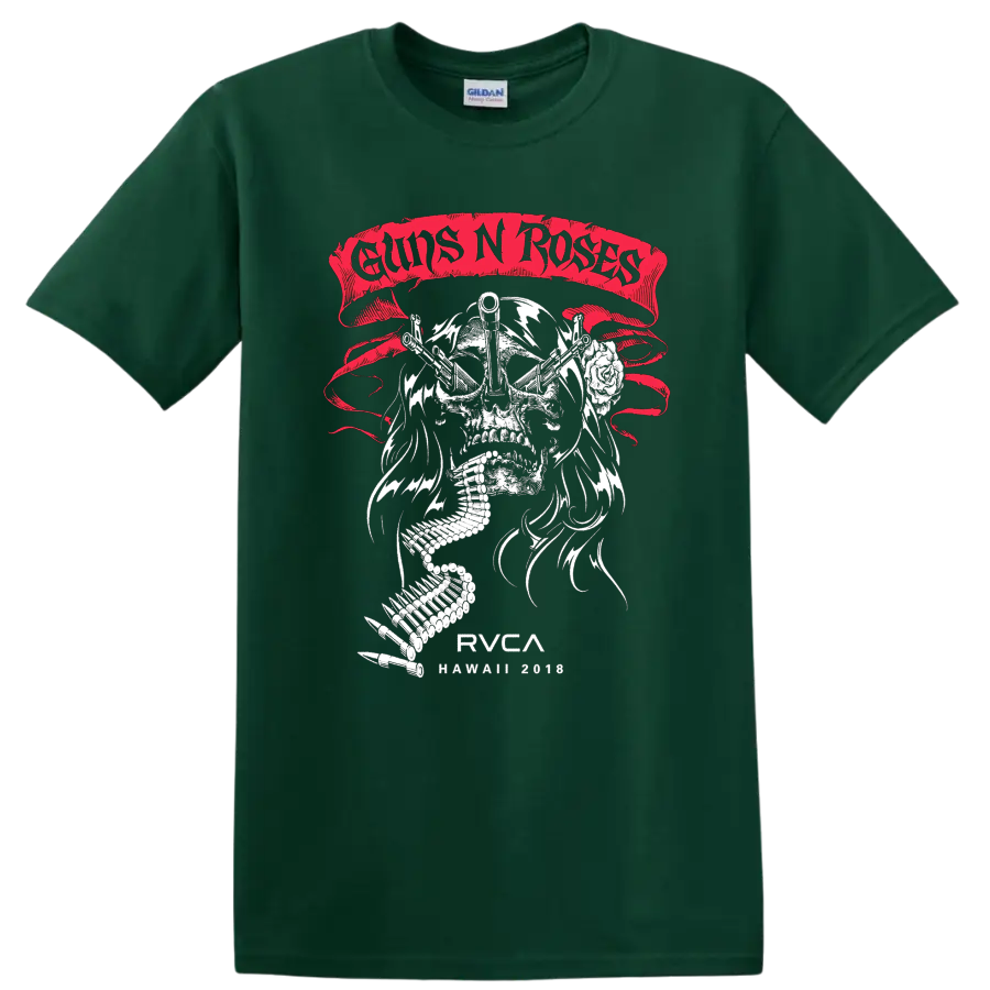 Guns N Roses skull with crossed guns, rose, ammo belt, and distressed red banner on a Forest Green T Shirt
