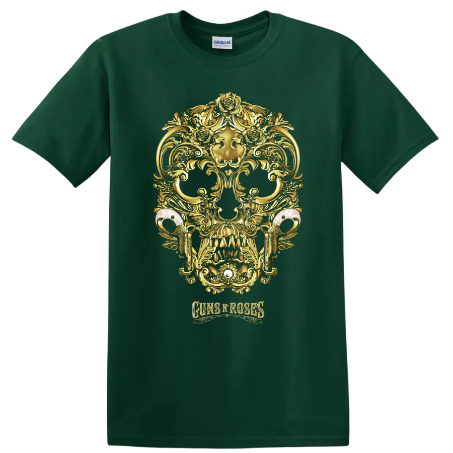 Guns N Roses gold skull with roses and ornate gothic baroque scrollwork on a Forest Green T Shirt