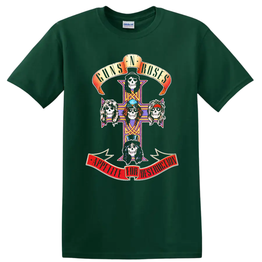 Guns N' Roses Appetite for Destruction skull cross with five colorful skull portraits on a Forest Green T Shirt